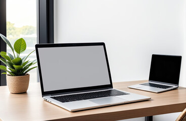 Fototapeta premium white screen desktop computer in minimal office room with decorations and copy space