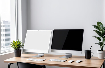Black screen desktop computer in minimal office room with decorations and copy space