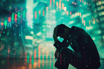 Business collapse and unemployment issues resulting from an economic crisis. An anxious businessman sitting in panic against a digital financial market background