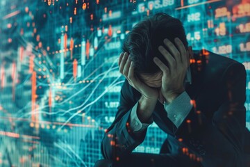 Business collapse and unemployment issues resulting from an economic crisis. An anxious businessman sitting in panic against a digital financial market background