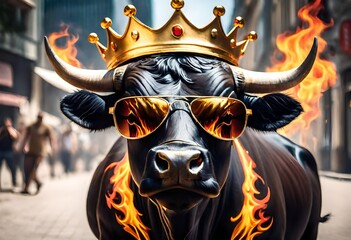 A digital illustration of a regal strong bull wearing a gold king's crown and sunglasses. 