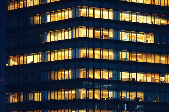window of the multi-storey building of glass and steel lighting and people within timelapse