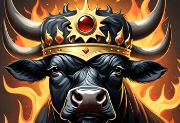 A digital illustration of a regal strong bull wearing a gold king's crown. 