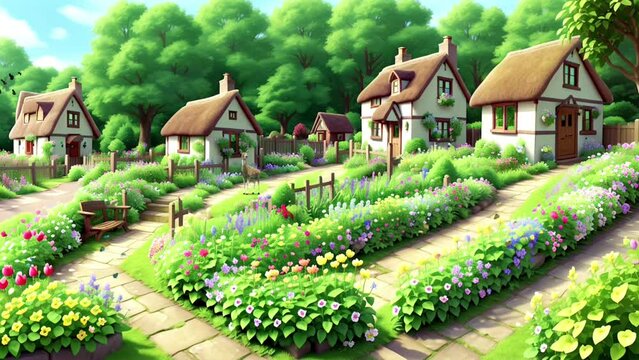 Cartoon village with wooden houses and flowers 