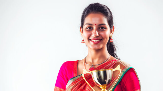 Beautiful mid agend indian woman in saree holding trophy on white background, happy, smiling, --ar 16:9 --v 6 Job ID: b91744db-bb61-42da-9969-302cca95170a