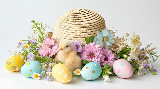 A charming straw hat adorned with Easter decorations, including colorful flowers, cute chicks, and pastel Easter eggs Isolated on a white background