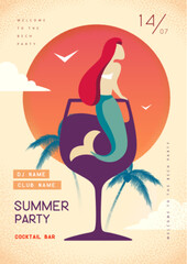 Naklejka premium Retro summer disco party posters with mermaid in cocktail glass. Summertime backgrounds. Vector illustration