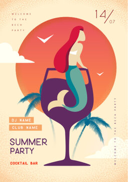 Retro summer disco party posters with mermaid in cocktail glass. Summertime backgrounds. Vector illustration