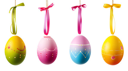 Colorful Easter eggs hanging on ribbons Isolated on a transparent background