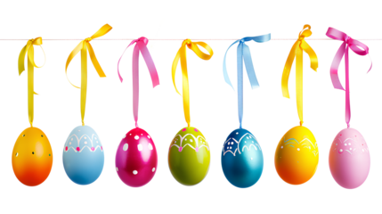 Colorful Easter eggs hanging on ribbons Isolated on a transparent background