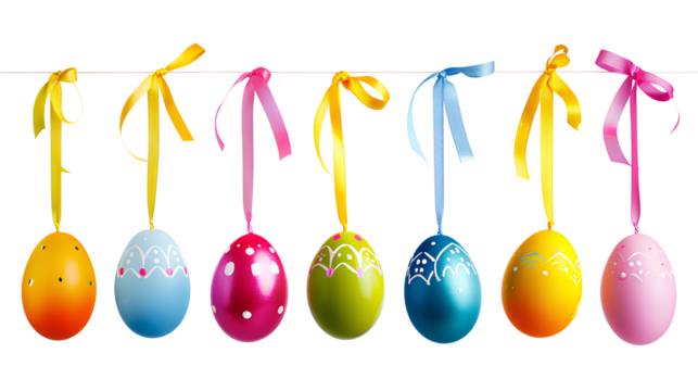 Colorful Easter eggs hanging on ribbons Isolated on a transparent background
