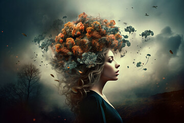 Nature, states of mind, fine art concept. Beautiful woman and nature connection surreal portrait illustration - obrazy, fototapety, plakaty