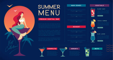 Retro summer restaurant cocktail menu design with mermaid in cocktail glass. Vector illustration