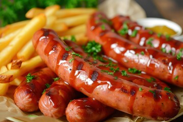 Grilled sausages french fries ketchup and mayonnaise sauce on cutting board on wooden background, Top view, Copy space.