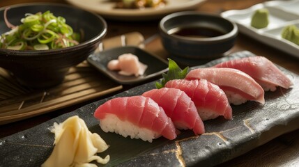 Maguro nigiri sushi or tuna nigirizushi with toppings of fresh fish. Nigiri sushi with rice and tuna on black.
