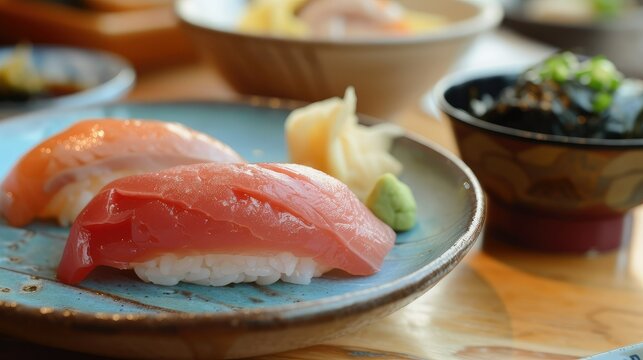 Maguro nigiri sushi or tuna nigirizushi with toppings of fresh fish. Nigiri sushi with rice and tuna.