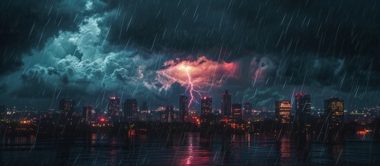 A purple lightning bolt illuminates the midnight sky over the city, piercing through the clouds and atmospheric hues of magenta.