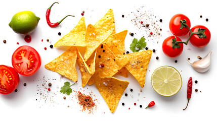  Fresh Mexican food ingredients, nacho chips, garlic, pepper, lime, and tomatoes isolated on a white background - obrazy, fototapety, plakaty