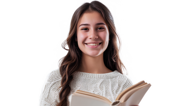 Girl with a book-Beautiful young woman with books isolated on transparent background - Powered by Adobe