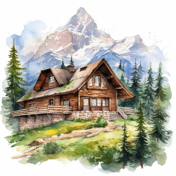 Landscape clipart, mountain house, printable watercolor clipart, high quality PNG, high resolution.