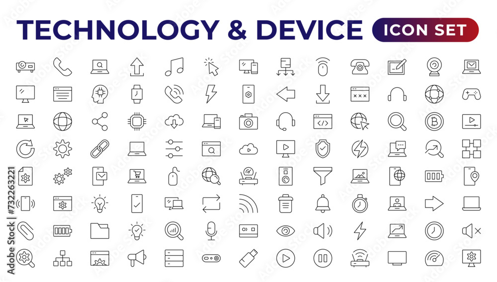 Poster devices and electronics related line icons.computers mobile phones vector linear icon set.device ico