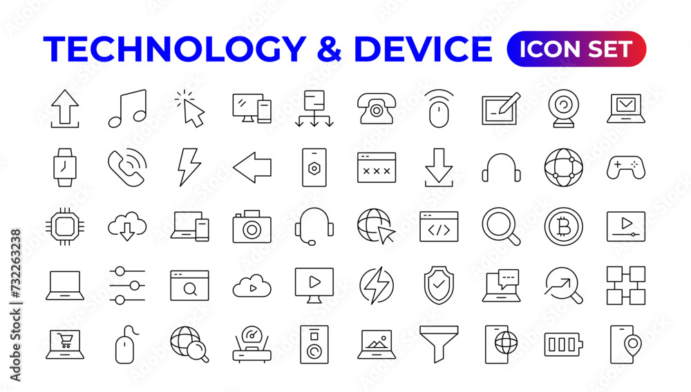 Poster devices and electronics related line icons.computers mobile phones vector linear icon set.device ico