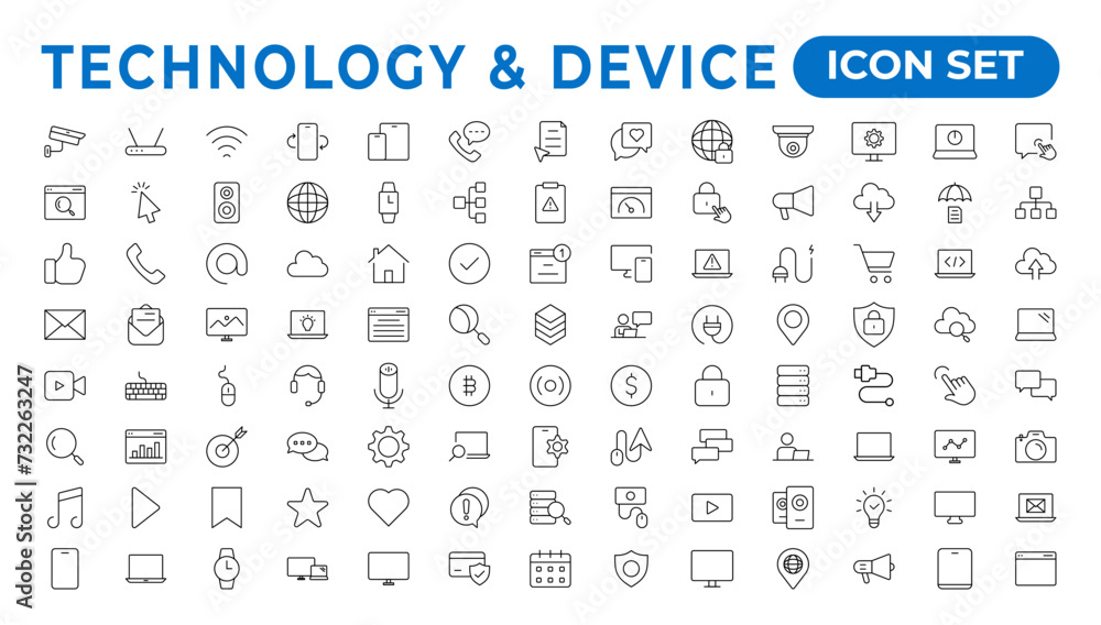 Poster devices and electronics related line icons.computers mobile phones vector linear icon set.device ico