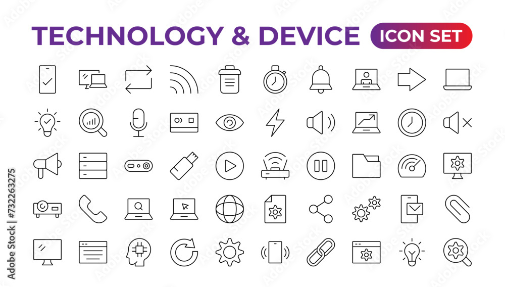 Poster devices and electronics related line icons.computers mobile phones vector linear icon set.device ico