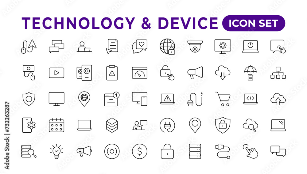 Poster devices and electronics related line icons.computers mobile phones vector linear icon set.device ico
