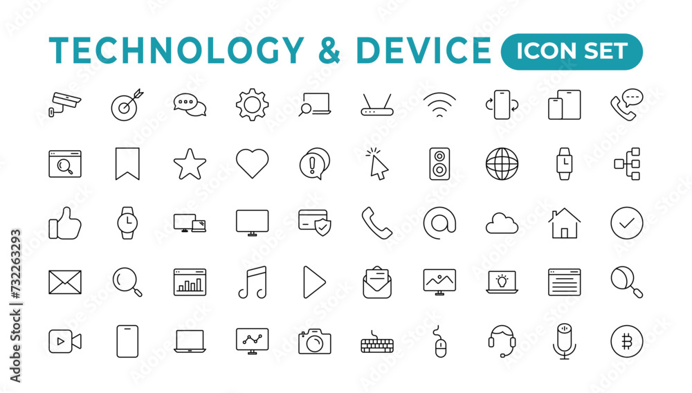 Poster devices and electronics related line icons.computers mobile phones vector linear icon set.device ico