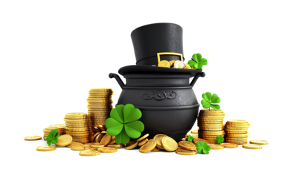 Pot of gold coins hat and clover isolated on a white background