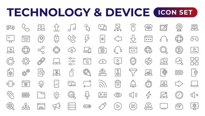 Fototapeta na wymiar Devices and Electronics related line icons.Computers mobile phones vector linear icon set.Device Icons,smartphone, tablet, laptop desktop computer. Vector illustration, flat design.Outline icon.