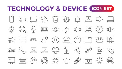 Fototapeta na wymiar Devices and Electronics related line icons.Computers mobile phones vector linear icon set.Device Icons: smartphone, tablet, laptop desktop computer. Vector illustration, flat design.Outline icon.