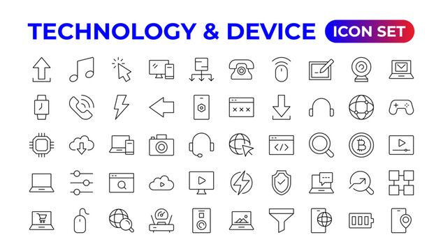 Devices and Electronics related line icons.Computers mobile phones vector linear icon set.Device Icons: smartphone, tablet, laptop desktop computer. Vector illustration, flat design.Outline icon.