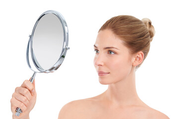 Woman, mirror and skincare with check in studio for glow, cosmetics or healthy by white background. Girl, person or model with facial skin, beauty or results with reflection, dermatology or aesthetic