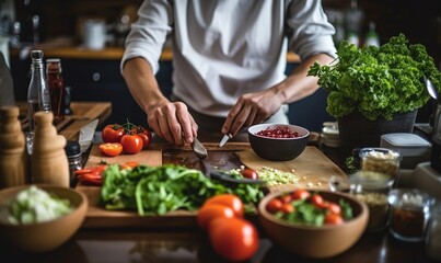 Obraz na płótnie Canvas Croped photo of a man cooking vegetabls in home kitchen