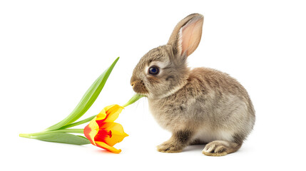 Rabbit Easter animal with a flower isolated on a white background