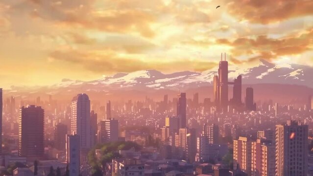 Buildings Dance Against the Sunset Canvas in the Evening Glow background animation in Japanese anime watercolor painting style. Seamless looping video animation background