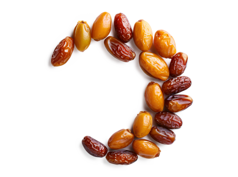Ramadan Kareem with dates fruits in the shape of a moon isolated on a white background