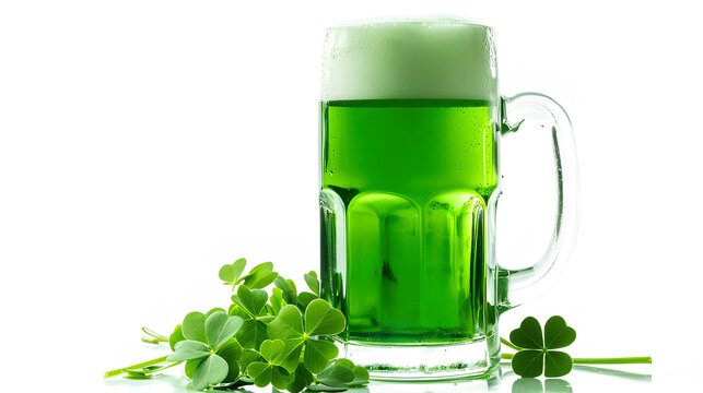 St Patrick's Day green beer with shamrock isolated on a white background