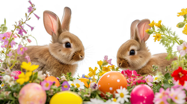 Two Easter bunnies with Easter eggs and flowers isolated on a white background