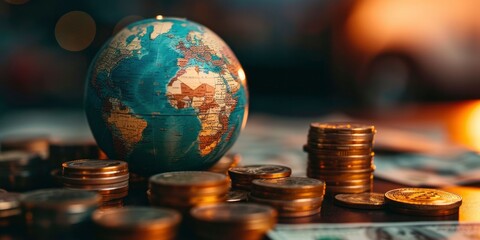 Globe and Coin Stack, Symbolizing Money Makes the World Go Round