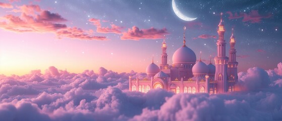 3D Scene Small Mosque Above the Clouds at Night with Ramadan Kareem Background
