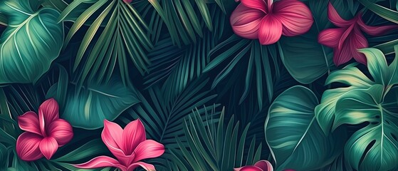 Fototapeta na wymiar Tropical Floral Seamless Pattern Background, Exotic Flowers, Palm Leaves, Jungle Leaf, Botanical Wallpaper