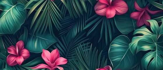 Fototapeten Tropical Floral Seamless Pattern Background, Exotic Flowers, Palm Leaves, Jungle Leaf, Botanical Wallpaper © MdKamrul