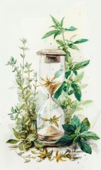 Simple Composition, White Marble Hourglass Surrounded by Chinese Herbs in Watercolor Style