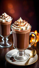 Hot Chocolate. Glass. Table. Drink. Beverage. Warm. Cocoa. Comfort. Winter. Delicious. Indulgence. Cozy. Relaxation. Sweet. Dessert. AI Generated.