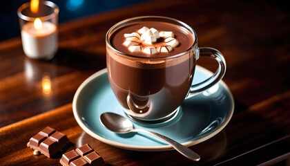 Hot Chocolate. Glass. Table. Drink. Beverage. Warm. Cocoa. Comfort. Winter. Delicious. Indulgence. Cozy. Relaxation. Sweet. Dessert. AI Generated.