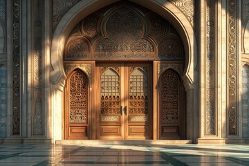 Fototapeta na wymiar Illustration of a beautiful mosque entrance. The mosque is decorated with Islamic patterns.
