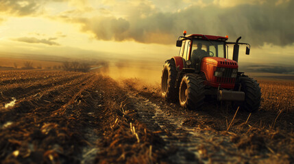 Agricultural Tractor Tilling the Field at Sunset, A tractor prepares the land for planting at golden hour, symbolizing the beginning of the agricultural cycle.